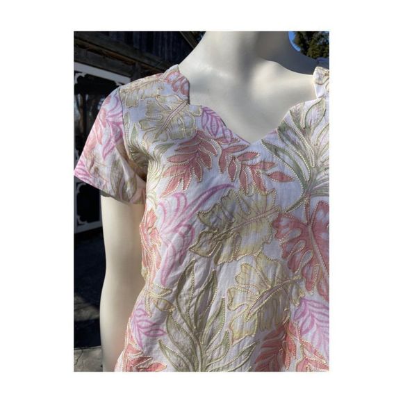 Pastel Botanical Print Tunic Dress Kurta Short Sleeve Gold Embroidery V-Neck - Picture 4 of 12